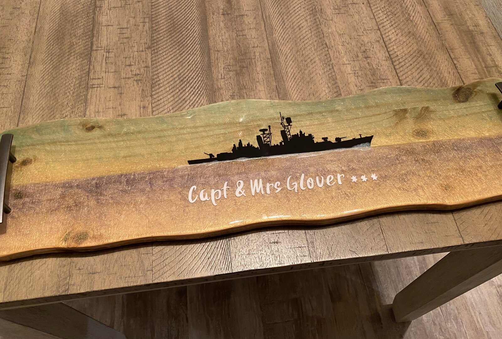 Custom resin serving board with naval ship silhouette, Capt and Mrs Glover