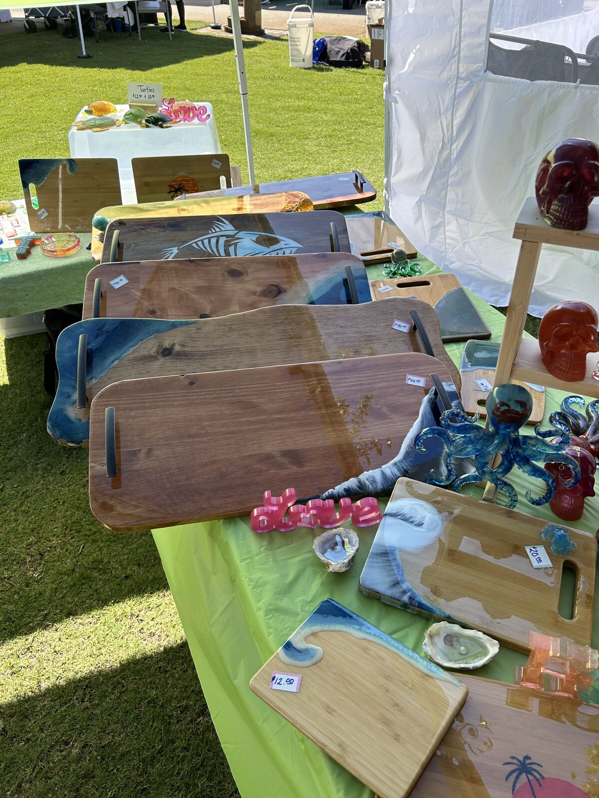 OBX Resin booth at a local farmers market showing full range of handcrafted pieces